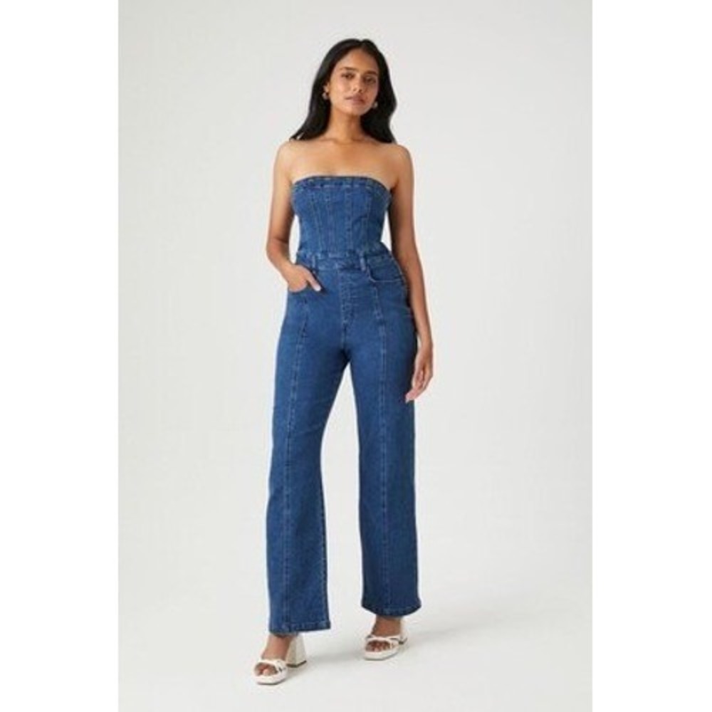 Forever 21 Stretch Denim Strapless Wide Leg Jumpsuit Women's Size M great design